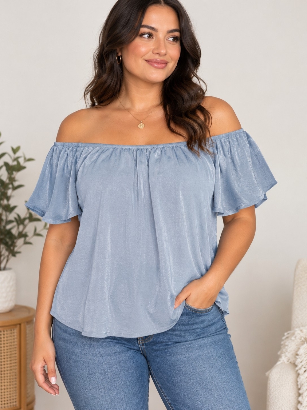 Off Shoulder Flutter Sleeve Top in Light Blue